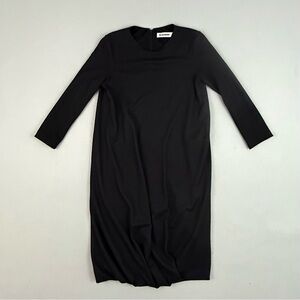 Jil Sander Dress Women's Size 34 Wool Long Sleeve Gathered Hem Black Midi‎ Dress